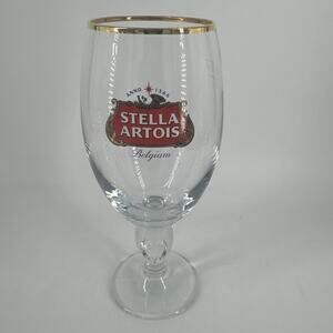 Stella Artois Belgium Beer Glass Chalice Cup 33 cl Gold Rimmed Stem 8" T Barware